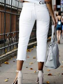 Jeans de talla grande cómodos y entallados hasta la pantorrilla con bolsillos, cierre de cremallera y botón, casual de primavera en color blanco - Blanco - Ver 4