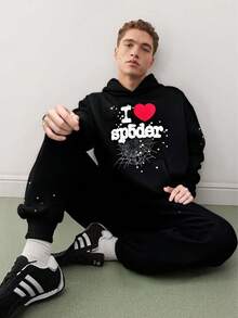 Men's Hooded Sweatshirt And Pants Set Stylish Letter Print Spider Couple Hoodie Fashion American Sports Casual Outfit Essential Activewear - màu đen - Xem 2