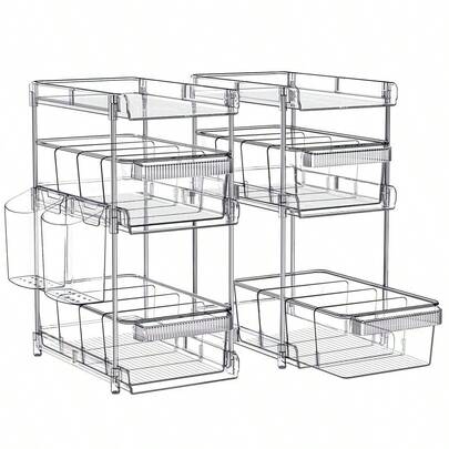 Bathroom Organizers 2 Sets 3 Tier, Pull Out Organizer And Storage With 2 Cups, Slide Out Drawer Storage Container With 6 Dividers, MultiPurpose Bathroom Organizer, Kitchen Under Sink Organizer