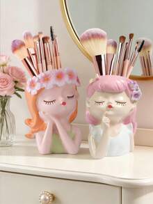 1个4.13英寸可爱北欧风女孩树脂化妆品收纳罐，高品质INS风化妆刷架，家居装饰，卧室花瓶，节日礼物，生日礼物，派对用品，送给女朋友的礼物 - 彩色 - 查看 1