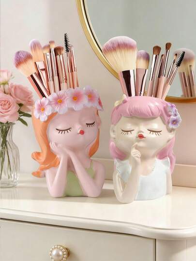 1 pieza Lindo recipiente de almacenamiento de cosméticos de estilo nórdico hecho de resina, soporte de alta calidad para brochas de maquillaje al estilo INS, decoración del hogar, jarrón para el dormitorio, regalo para fiestas, regalo de cumpleaños, suministros para fiestas, regalo para la novia