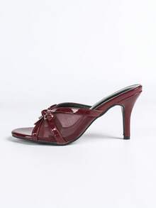 女士高跟凉鞋 女士酒红色高跟凉鞋 露趾蝴蝶结套脚拖鞋 深V鞋面套脚凉鞋 - 酒紅色 - 查看 6