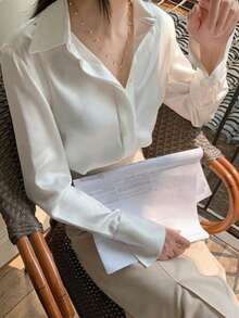 Women's Fashion French Style Long Sleeve Collared Shirt, Solid Color Woven Fabric Front Button Closure, Elegant For Office, Daily Wear, Dates, Spring/Summer/Autumn - White - View 4