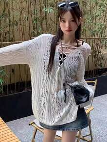 [Y6Y] Women's Loose Knit Cover Up, V-Neck Long Sleeve Pullover, Spring New White Hollow Grid, Suitable To Wear With Camisole - White - View 2