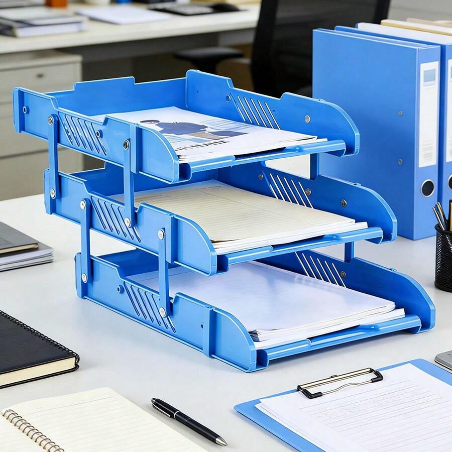 三层可扩展桌面文件收纳架 - 节省空间，可堆叠蓝色PP塑料架，抛光表面，用于办公文件分类和存储，一体式拉出式桌面收纳架（黑色）办公桌配件 办公用品 办公装饰 - 彩色 - 查看 1