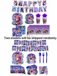 K-POP  Party Supplies Set - Includes 96 Pcs Disposable Tableware, With Banner, Tablecloth, 9-Inch And 7-Inch Plates, Cups, Cutlery And Napkins, Anime-Themed - Multicolor - View 12