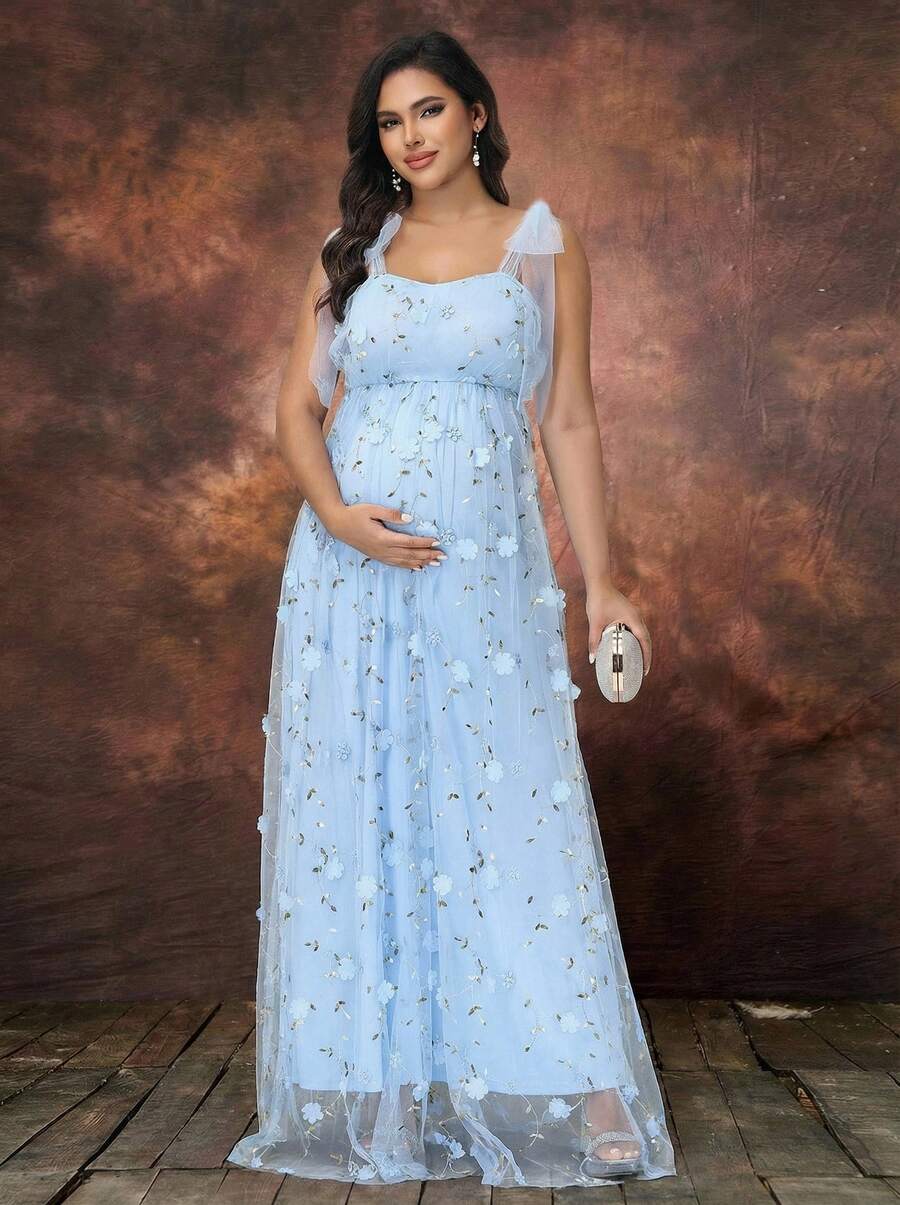 Irresista Vestido maxi de verano con flores bordadas, de malla y con tirantes, para embarazadas, para fiesta de bienvenida del bebé y sesión de fotos - Azul - Ver 1