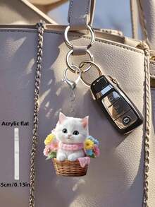 Cute Cat Acrylic Pendant, Cat Shaped Bag Charm, 2D Acrylic Pendant, White Cat Sitting In Flower Basket, Car Keychain, Home Decor, Pet Lover Gift, Fun Decor, Smooth Texture, Outdoor Decor, Gift, Souvenir, Gift For Friends, Family, Girls, Unique Birthday Gift, Party Gift, Holiday Gift, Teacher Gift - Multicolor - View 4