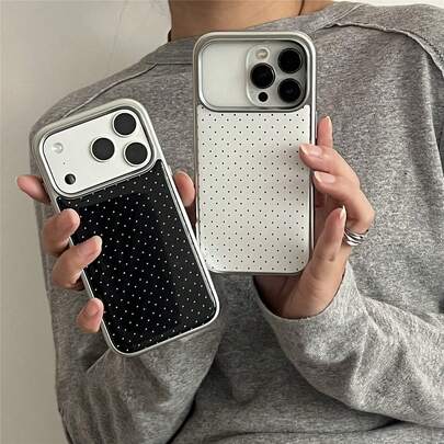 Korean Style Minimalist Silver Rim Resin Polka Dot Phone Case, Suitable For IPhone 17 Pro Max, 16 Pro Max, 15 Pro, 14, 13, Cute & Fashionable For Girls