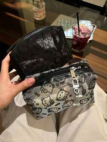 1pc Sanrio KT Cat Cute Flocked & Mesh Portable Cosmetic Bag, Large Capacity Makeup Pouch For Travel & Touch-Up