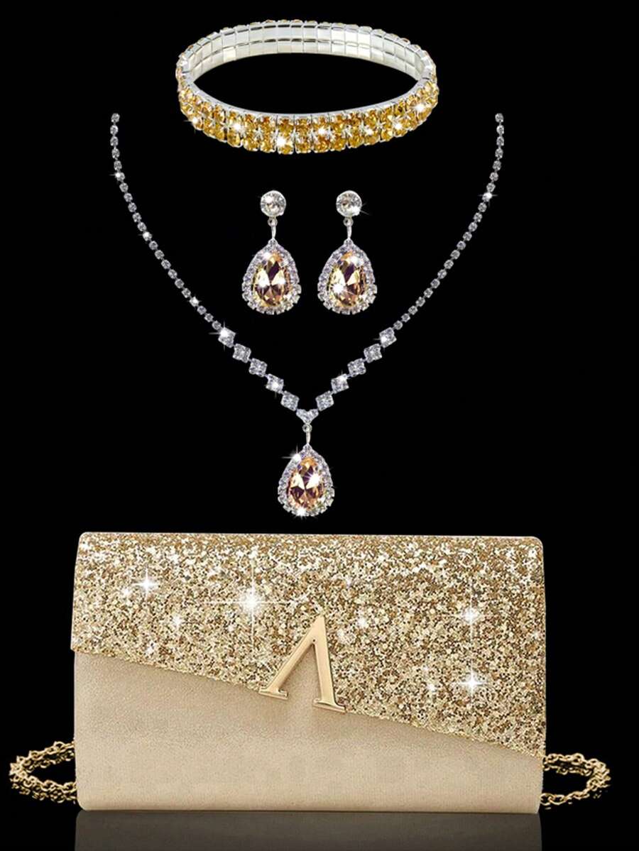 4 pièces Ensemble de bijoux pour femmes avec boucles d'oreilles, collier, bracelet et pendentif ornés de strass. Sac à main élégant avec décoration en métal en forme de V, convient pour les bals, mariages et soirées. Peut être utilisé comme sac à épaule, portefeuille, sac à main, sac de mariage, sac de soirée. Multifonctionnel pour les cocktails, mariages, nouveaux portefeuilles, sacs de banquet - Doré - Voir 1