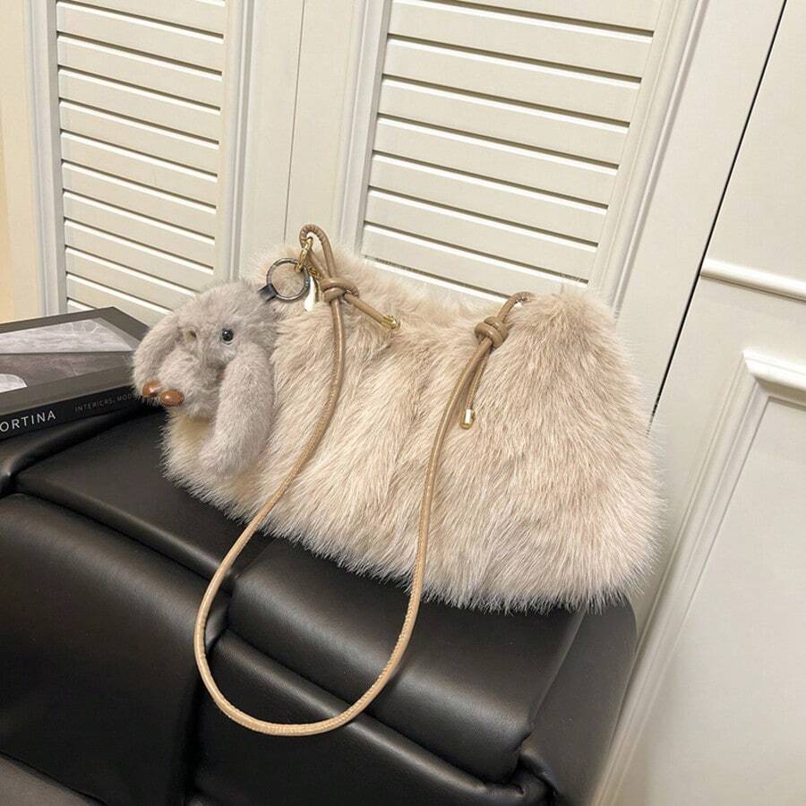 Solid Fluffy Soft Candy Color Satchel Bag, Y2K Style Faux Fur Tote Bags For Ladies, Party Bag, Party Dresses For Women, Winter Fur Purse, Suitable For Commuting, Work, Gatherings, Parties, Perfectly Matching With Fall Outfits Womenfall Clothes For Women, New Arrival Fur Bag For Women - 卡其色 - 查看 1