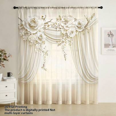1pc 2D Sheer Curtain (Milky White Gradient Chiffon Base) Luxurious 3D Textured White Flower Clusters (White Roses, Camellias, Daisies With Light Gold Trim) + Draped Curtain Design (Milky White Gradient Crinkle Texture) + Vine Leaf Decor, Romantic Elegant European Wedding Backdrop Style, Pole Pocket Design, Polyester Fabric, Suitable For Rental Homes, Living Rooms (Romantic Elegant European Wedding Backdrop Style Home Decor), Bedrooms, Removable And Machine Washable Decorative Curtain