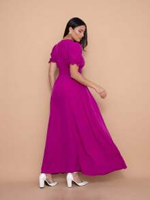 Helena Long Dress, Plain Crepe Fabric, Elasticated Back, Short Sleeves. - Màu Hoa hồng đỏ - Xem 5