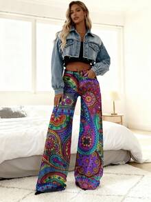 3D Women's Faux Jeans Colorful Paisley Pattern With Vibrant Circles And Swirls Autumn And Winter Cowboy, Lady, Stretch, Casual, Flared, Fashion, Print, High-Waisted, Trousers, Comfortable, Vintage, Floral, Design, Style, Loose, Washed, Straight, - 彩色 - 查看 2