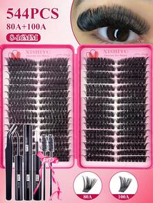 576/544 Individual/32 Pairs Of Cartoon-Style False Eyelashes, With A Natural Look, Resembling The Eyelashes Of A Fairy. Suitable For Beginners, Single Eyelashes, D-Shaped Curly Clusters Of Eyelashes, Large Capacity Sets, Beginner-Friendly False Eyelash Extension Sets, Including Glue, Sealant And Tweezers. - Black - View 13