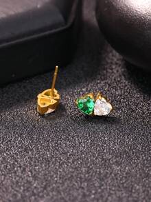 Custom Two Heart Zirconia Stud Earrings For Women Personalized Month Birthstone Stainless Steel Earrings Female Minimalist Customized Jewelry Daily Wear Valentine's Day Gifts - Multicolor - View 4