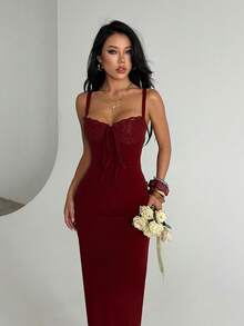 WOWDARK Women's Elegant Lace Patchwork Spaghetti Strap Slit Bodycon Dress, Party Dress, Evening Gown - Màu Đỏ Sâu - Xem 3