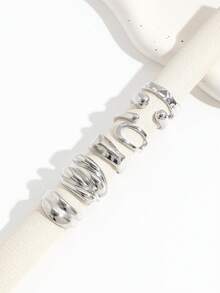 6 piezas Anillos de moda grandes y lisos con diseño geométrico, anillos clásicos de estilo moneda vintage de plata para mujeres - Plateado - Ver 4