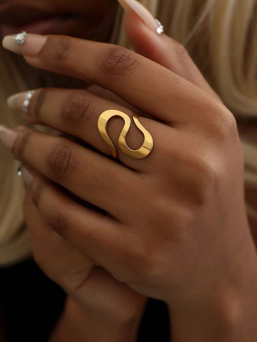 Modischer breiter vertikaler Streifen Ring aus goldfarbenem Titan-Stahl, minimalistisches Nischendesign, vielseitiger Fingerring - Gold - Übersicht 1