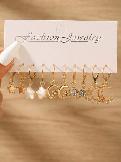 10pcs/Set Girls Star, Moon, Pentagram Pearl Earrings Jewelry Set, Suitable For Daily Decoration