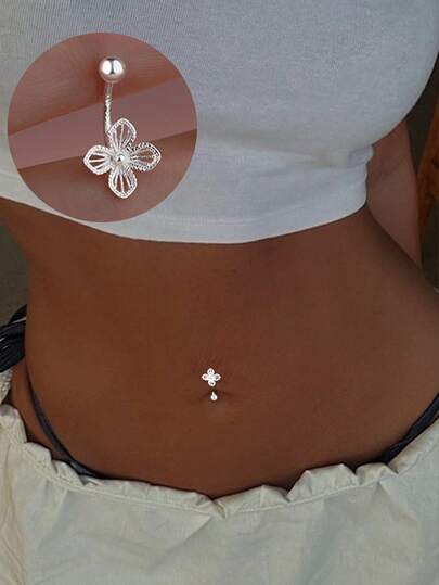 1PC S925 Sterling Silver Four Leaf Clover Hollow Flower Simple Navel Nail, For Girls' Daily Wear For Girls,Girl's Daily Outfit,Wear The Best Gift For Girlfriend, Mother, Sisters