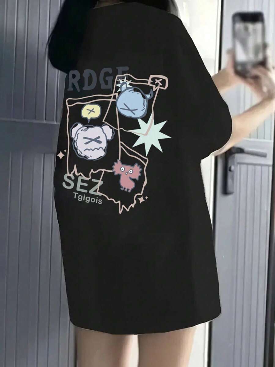 休闲宽松卡通印花短袖T恤，百搭，春夏款 - 高級黑 - 查看 1