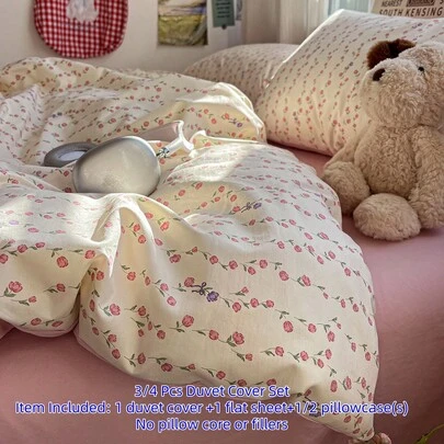 3/4 件套田园风被套组，白色床品搭配粉色花卉印花，柔软活泼的花卉美学床品套装，波西米亚风格，带拉链封口的花卉床品套装（1 个被套 + 1 个床单 + 1/2 个枕套，不含填充物）
