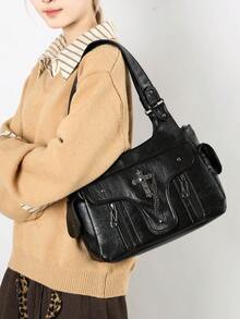 1件复古大容量手提包，复古PU单肩斜挎包，女士休闲托特包兼钱包 - 黑色 - 查看 12