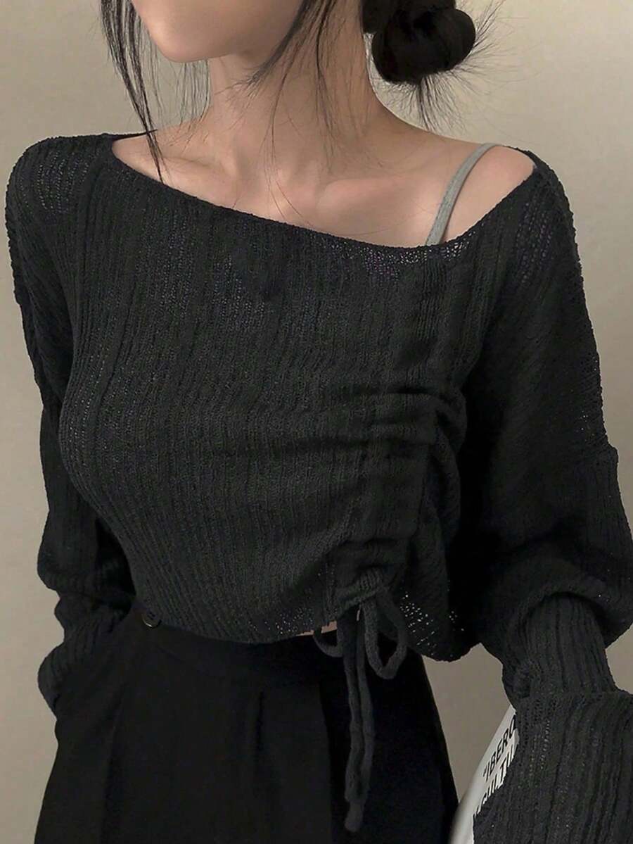 女士上衣，韩版柔软针织抽绳毛衣，黑色 - 黑色 - 查看 1