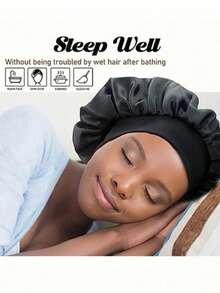 1/2件套：真丝睡帽、缎面发带、女士弹力宽檐羊毛帽、长款真丝睡帽、高端缎面护发帽、卷发带（黑金配色） - 彩色 - 查看 7