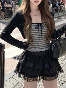 2pcs Contrast Stripe Camisole With Bow Accent & Cardigan Sweater Set, Spring/Summer - Dark Grey - View 1