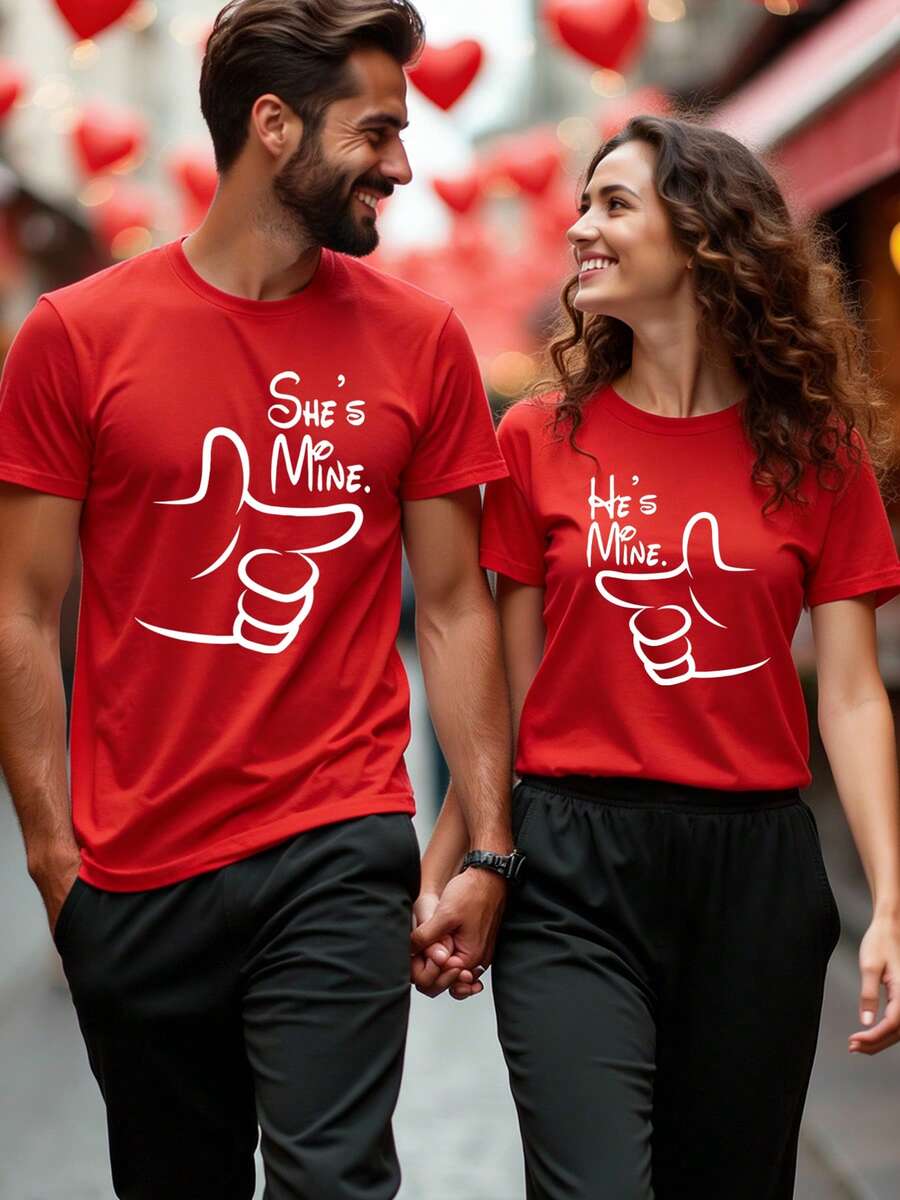 Valentine's Day Couple Matching T-Shirt Sets - Casual Short Sleeve Crew Neck With Unique Graphic Prints, 2pcs - Multicolor - View 1