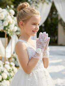 1 par de guantes de encaje floral para niñas de 4 a 12 años, guantes de encaje ultra suaves y elásticos, adecuados para bodas, concursos de belleza, niñas de las flores, actuaciones de baile y accesorios de fotos de princesa de cumpleaños - 1Pair - Ver 8