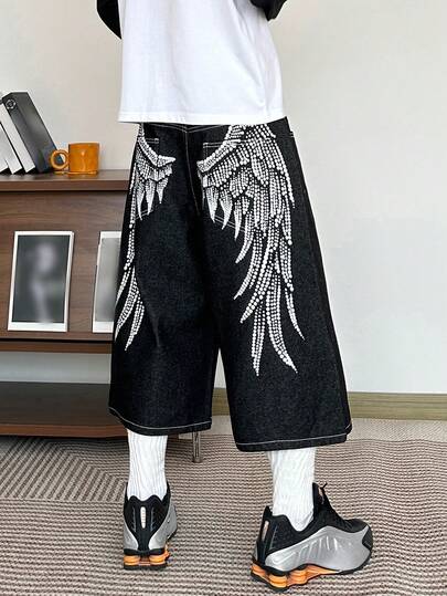 1 st Hearty Haven Casual Loose Fit Printed Jeansshorts, Bekväma Bermudashorts med Vida Ben För Herr, Streetwear-stil