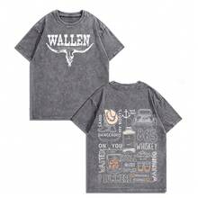 EWH Men Y2K "M Organ Wallen Doodle Collage" Vintage Washed Black Country Music Graphic T-Shirt, 230g 100% Cotton Oversized Tee For Streetwear & Country Fans Gifts 004-AB - 灰色 - 查看 1