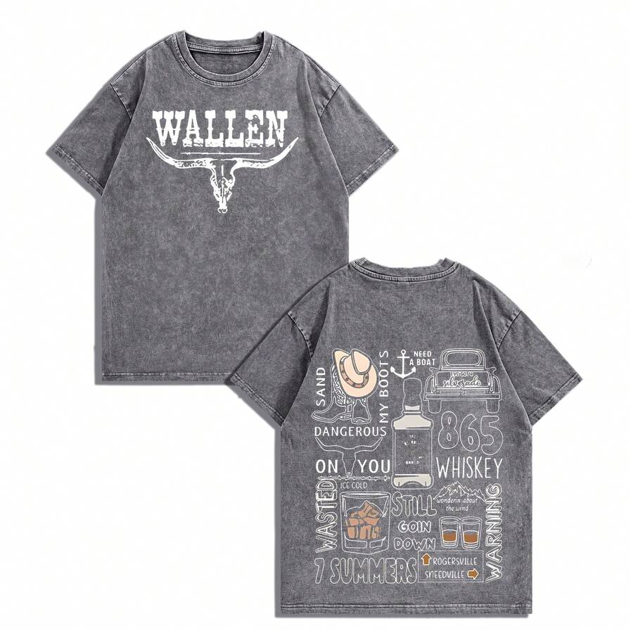 EWH Men Y2K "M Organ Wallen Doodle Collage" Vintage Washed Black Country Music Graphic T-Shirt, 230g 100% Cotton Oversized Tee For Streetwear & Country Fans Gifts 004-AB - 灰色 - 查看 1