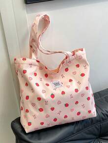 樱桃印花简约大号单肩手提包，学生女生单肩书包，爱心印花甜美包包，灯芯绒手提包，四季皆宜 - 粉色 - 查看 3