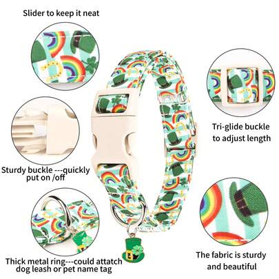 1 pieza Collar de perro de alta calidad para el Día de San Patricio, color verde claro principal con acentos blancos/rosas/arcoíris, con patrones de trébol de cuatro hojas, equipo para perros de niños y niñas, diseños florales, colgante encantador de trébol de cuatro hojas con ribete dorado, multisize para perros pequeños, medianos y grandes
