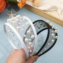 1件闪亮复古涤纶纤维珍珠优雅发箍，时尚网纱透明发箍/发夹，适合女性，可搭配连衣裙、海滩度假、日常穿搭，优雅可爱 - 彩色 - 查看 9