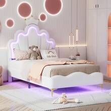 Caluself 90*200cm Flat Double Bed, Single Bed, Crown-Shaped Princess Bed, Soft PU Leather Upholstery, White - 白色 - 查看 2