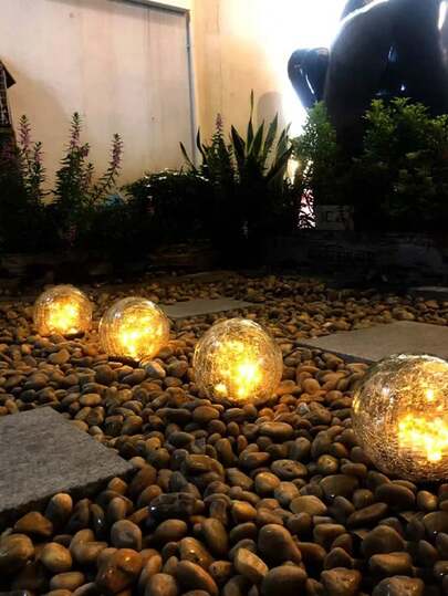 Solar Powered Crackle Glass Ball Outdoor Lights, Garden, Park, Yard Lights, Solar Powered, Charge During Day, Use At Night, Suitable For Party, Valentine's Day, Wedding, Proposal, Birthday Decoration Atmosphere Lights