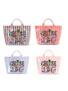 Pvc Striped Tote With "Cruise-Life" And Marine Life,Large Capacity Lightweight Handbag With Vertical & Horizontal Stripes | Multifunctional Commuter Travel,Fashiona Casual Pvc Striped Tote Bag, Heavy-Duty Durable Handbag, Fixed Shoulder ,Women's Large Capacity Shopping Bag Tote Bag, Suitable For Commuting And Travel Storage Bag, Suitable For Shopping, Stylish Casual Handheld Shoulder Purse - Multicolor - View 9