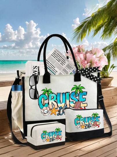  ﻿ Beach Tote Bag And Makeup Bag Set For Women, Printed With Creative Coconut Trees, Beaches, Shell Elements "Cruise Life" Pattern,Large Capacity Handbag And Two Makeup Bags,Portable Beach Vacation Handbag,Beach Bag,Storage Bag,Shopping Bag,Travel Handbag For Holiday Vacation Weekend Getaway Short Trip,Personalized Birthday Gifts Present For Friend Her,Suitable For Traveling, Beach Life, Cruise Life, Beach Vacation
