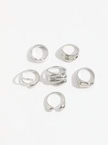 6 piezas Anillos de moda grandes y lisos con diseño geométrico, anillos clásicos de estilo moneda vintage de plata para mujeres - Plateado - Ver 5