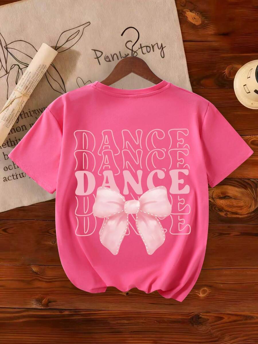 Girls' Butterfly Slogan Print Round Neck Short Sleeve T-Shirt, Casual Tee For Spring/Summer - Hot Pink - View 1