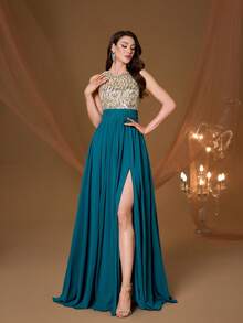 Mgiacy New Arrival Round Neck Halter Fancy Evening Gown Dress Sequin Ruched High Slit Chiffon Long Dress - Green - View 1