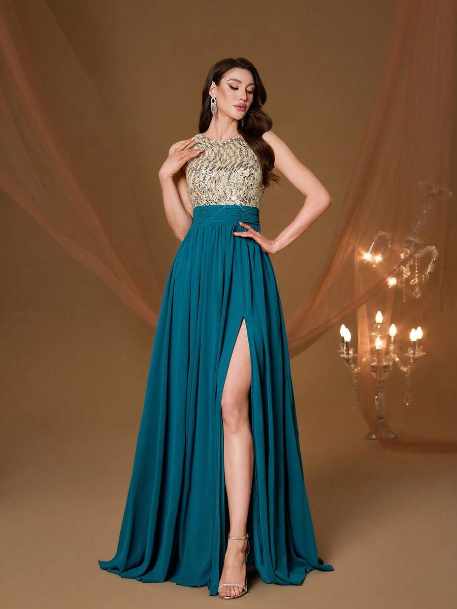 Mgiacy New Arrival Round Neck Halter Fancy Evening Gown Dress Sequin Ruched High Slit Chiffon Long Dress - Green - View 1
