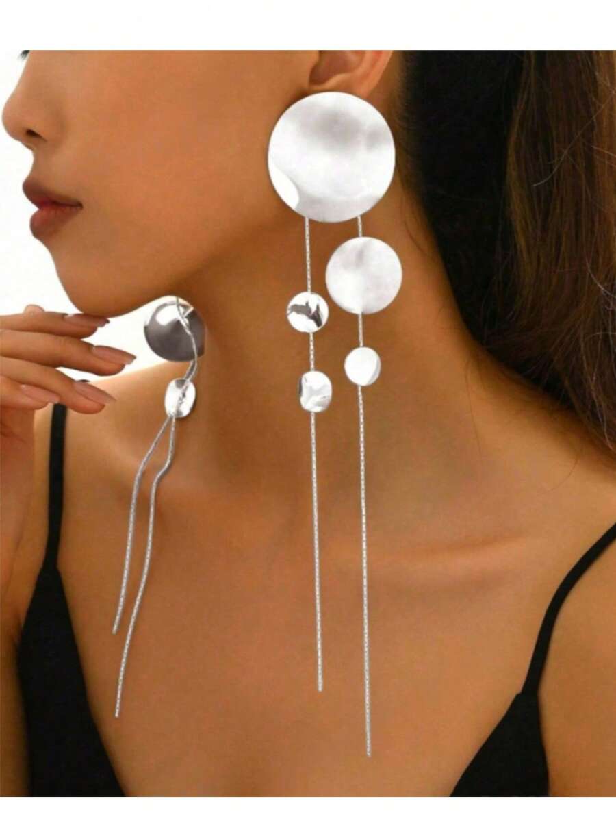 新款流苏长款光滑圆形极简主义夸张欧美风格耳环 - 銀色 - 查看 1