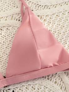 女士浅粉色三角比基尼套装，简约纯色两件式泳衣，适合海滩度假 - 粉色 - 查看 5